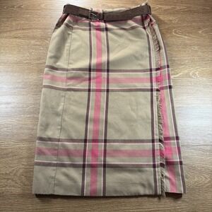 Evan Picone Women's Plaid Pencil Skirt Size 10 Brown Pink Fringe Belted